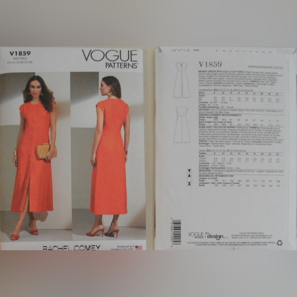 Vogue Pattern - V1859 - Misses' Dress with A, B, C, D cup sizes F5 Plus Size
